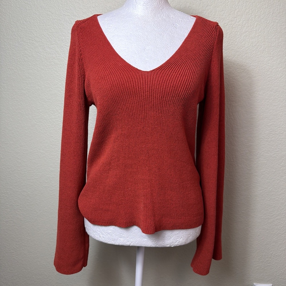 Madewell Knit Top Womens Medium Terracotta Orange Flare Sleeve Bell Wide V Neck